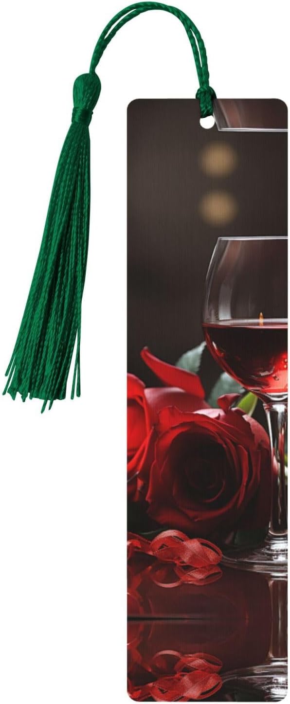 Red Rose Wine Glass and Candle Wooden Bookmarks for Book Lovers, Handmade DIY Book Mark with Colorful Tassels Double-Sided Printed Page Markers Artistic Book Accessories Gift for Women Men