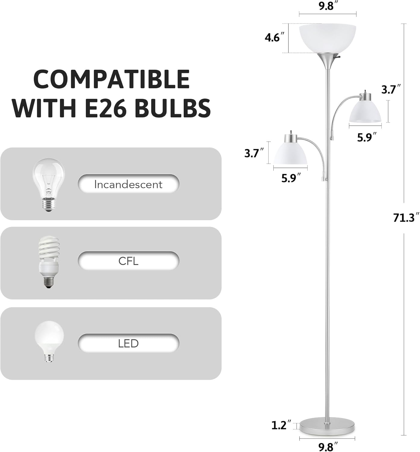 VONLUCE 71" Floor Lamp for Living Room with 3 Bulbs, Standing Lamp with Adjustable Reading Light, Modern Torchiere Floor Lamp with 3 Color Temperatures, Tall Lamp for Bedroom Corner, Nickel