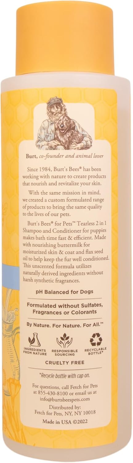 Burt’s Bees for Pets Tear Free Puppy Shampoo & Conditioner with Buttermilk, 2 in 1 Gentle Dog Shampoo for Puppies, Cleans and Conditions Sensitive Skin, 16 Fl Oz