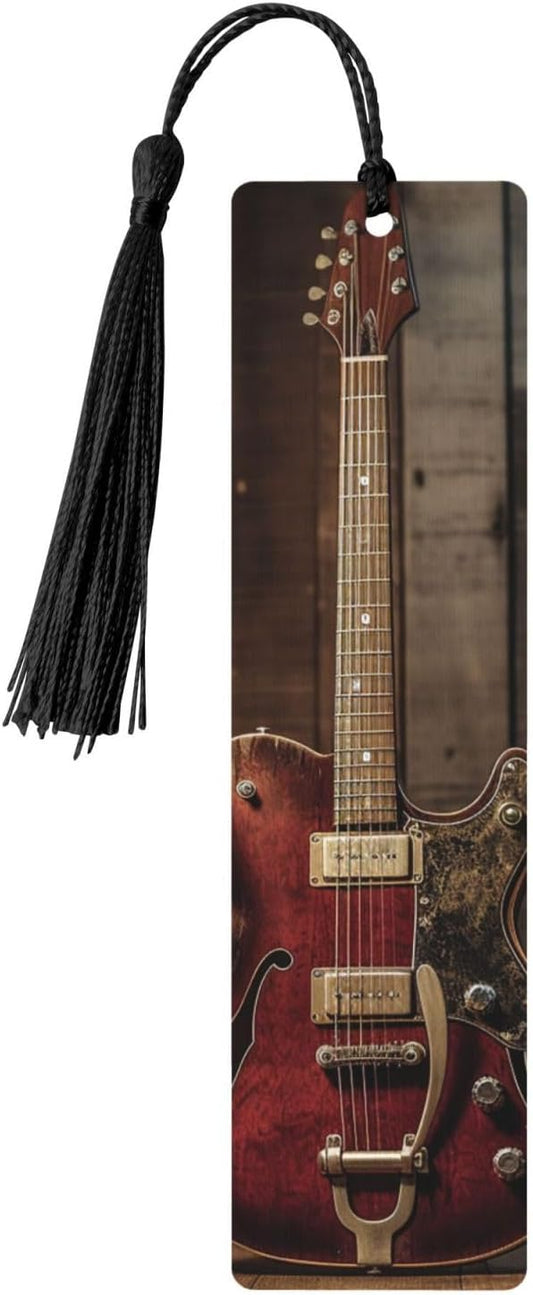 Vintage Electric Guitar Bookmarks Gifts for Women Men, Wooden Bookmarks for Book Lovers, Vintage Book Marks Ornaments with Tassel, Unique Personalized Reading Page Markers Black