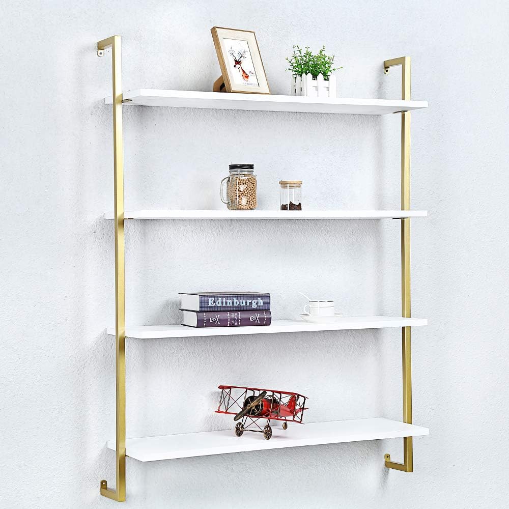 Industrial Metal Wall Shelf,Floating Wood Shelves Wall Mounted,36in Real Wood Book Shelves,4 Tier for Bedrooms Office