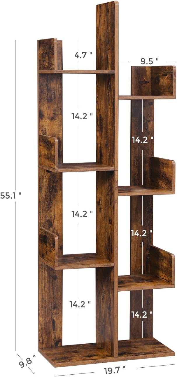 VASAGLE Bookcase, Tree-Shaped Bookshelf with 8 Storage Shelves, Rounded Corners, 19.7 x 9.8 x 55.1 Inches, Rustic Brown ULBC66BXV1