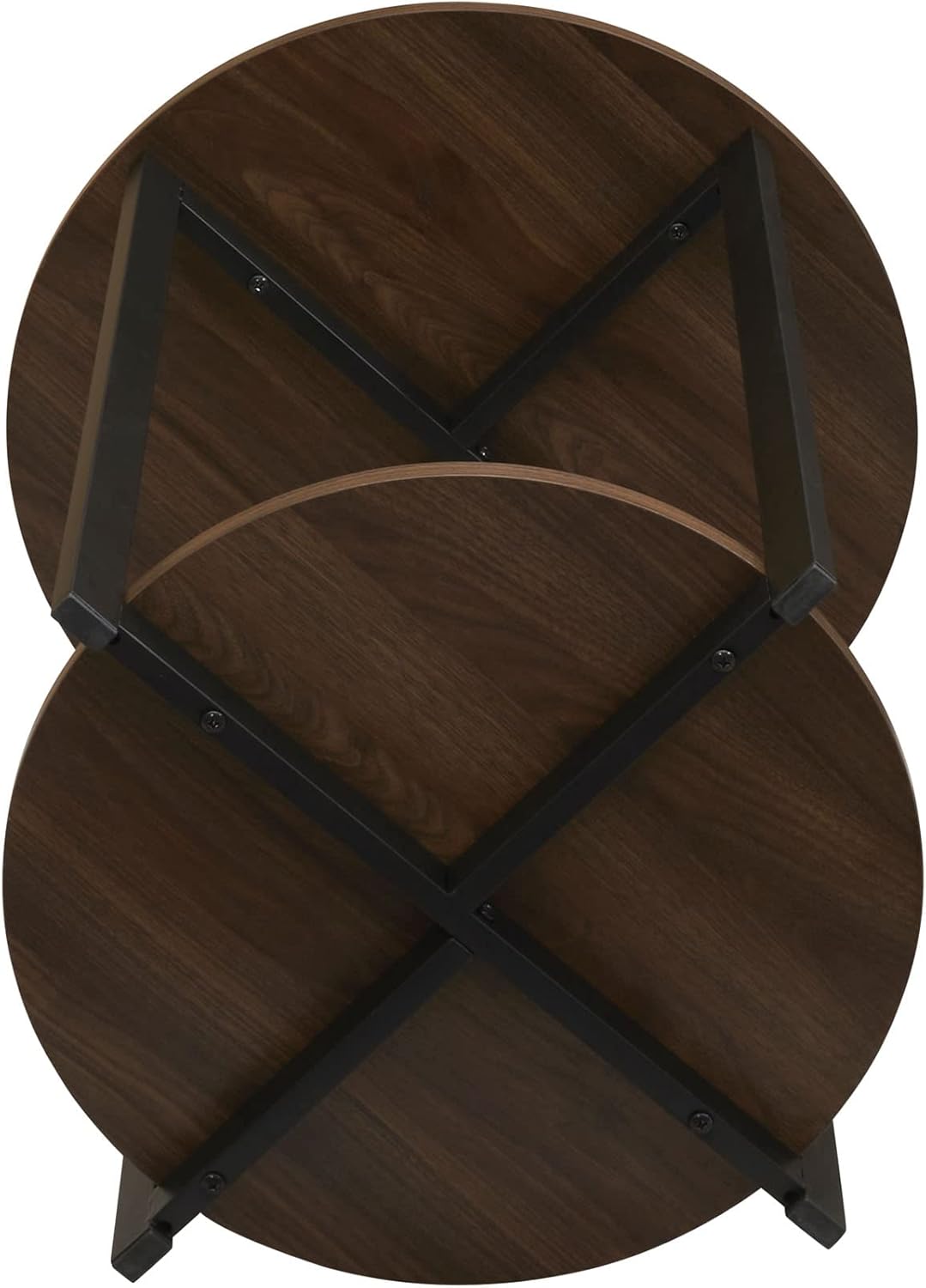 Household Essentials Jamestown Round Side End Table with Storage Shelf Mid Century Walnut Wood Grain and Black Metal