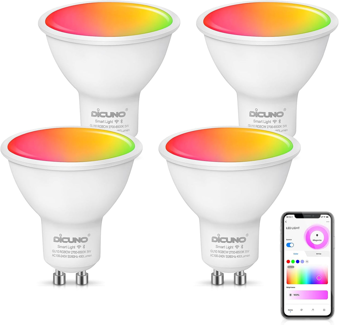 DiCUNO Smart GU10 LED Bulb, RGB Color Changing LED Compatible with Alexa & Google Home, Dimmable with App, 450LM, MR16 50W Track Light Bulb Replacement, 110° Beam Angle, 2.4GHz WiFi, Pack of 4