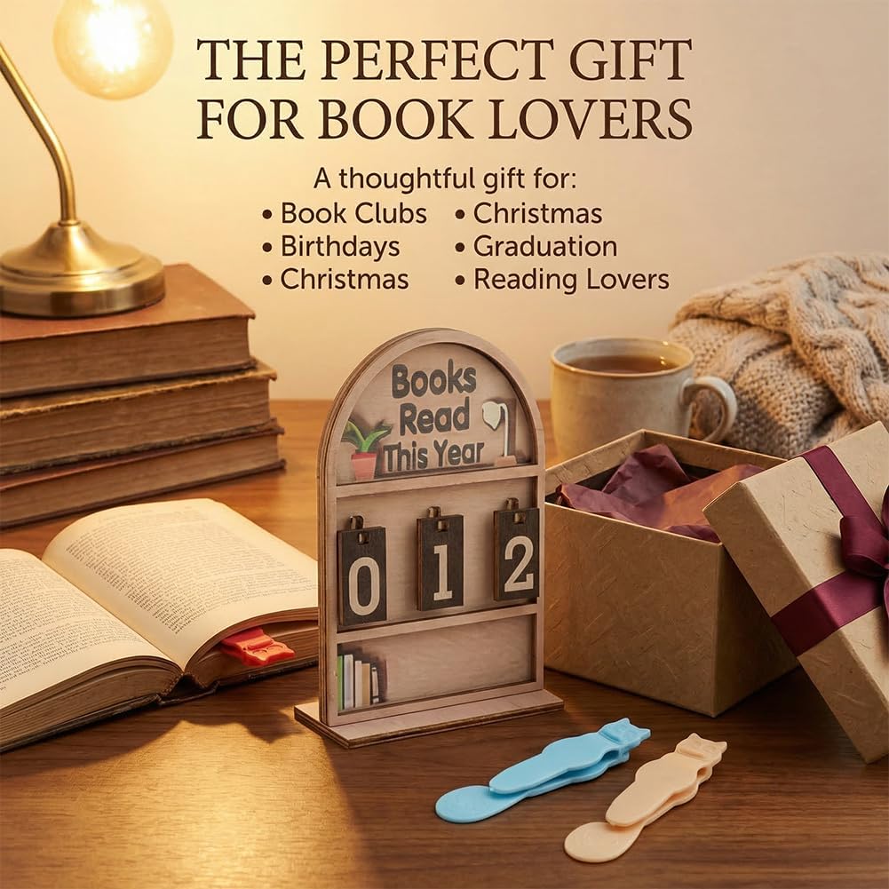 Books Read This Year Counter, Books Read This Year Sign with Stand and Bookmark, Book tracker for Reading Goal Bookshelf Decor, Gift for Teachers, Librarians, Readers(COLOR:wood)