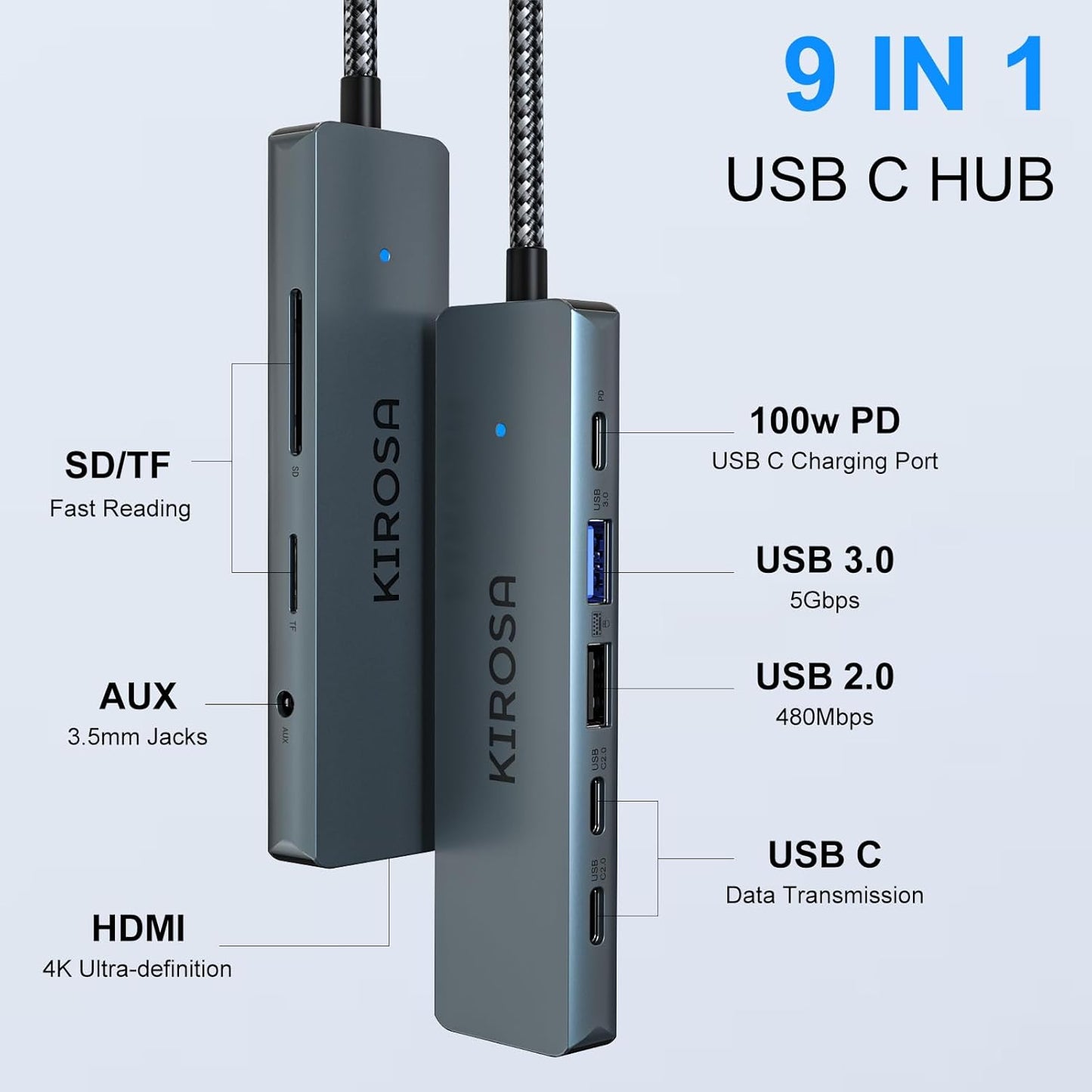 9IN1 USB C Hub Multiport Adapter for MacBook Pro Air: KIROSA USB C to 4K HDMI Hub Dongle with 100W PD USB3.0 - Portable USBC Hub Compatible with Laptops and Other Type C Devices