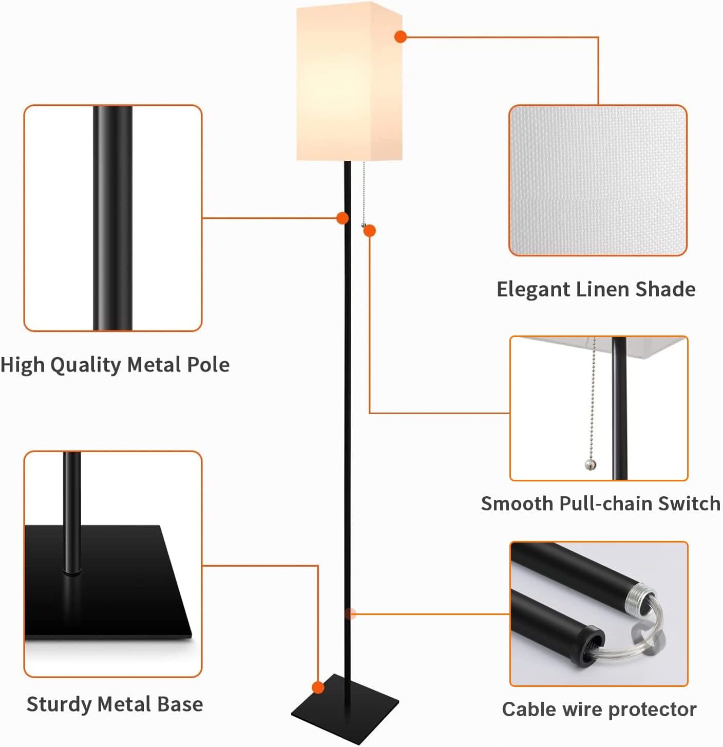 Floor Lamp for Living Room, Modern Standing Lamp for Bedroom with Linen Shade, Black Corner Floor Lamp for Office Kids Room, Bulb Included