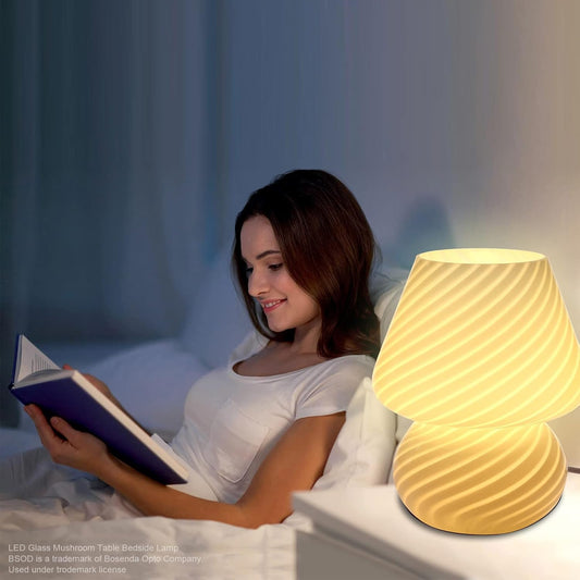 BSOD Mushroom Lamp,Glass Table Bedside Lamps Translucent Murano Vintage Style Striped Small Night Mushroom Decor Light Swirl for Ambient,Kids,Bedroom,Living,Girl Gift (Stripe White)