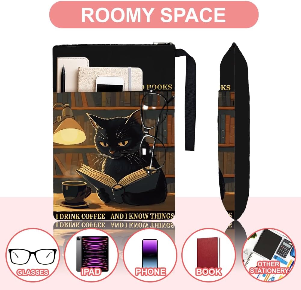 1pc Paperbacks Book Covers 13.4x9.45 inch Black Cat Book Pouches Book Sleeve with Zipper and Front Pocket Animals Bookish Book Protectors for Students Teachers
