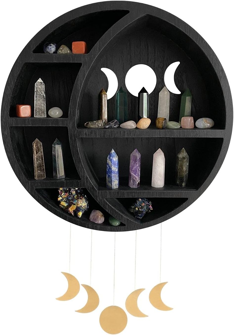 Ella & Emma Wooden Moon Shelf for Crystals - Crescent Moon Crystal Shelf, Storage & Wall Hanging Shelves for Bedroom Aesthetic, Moon Phase Wall Decor & Crystal Display Shelf, Pinewood, Black
