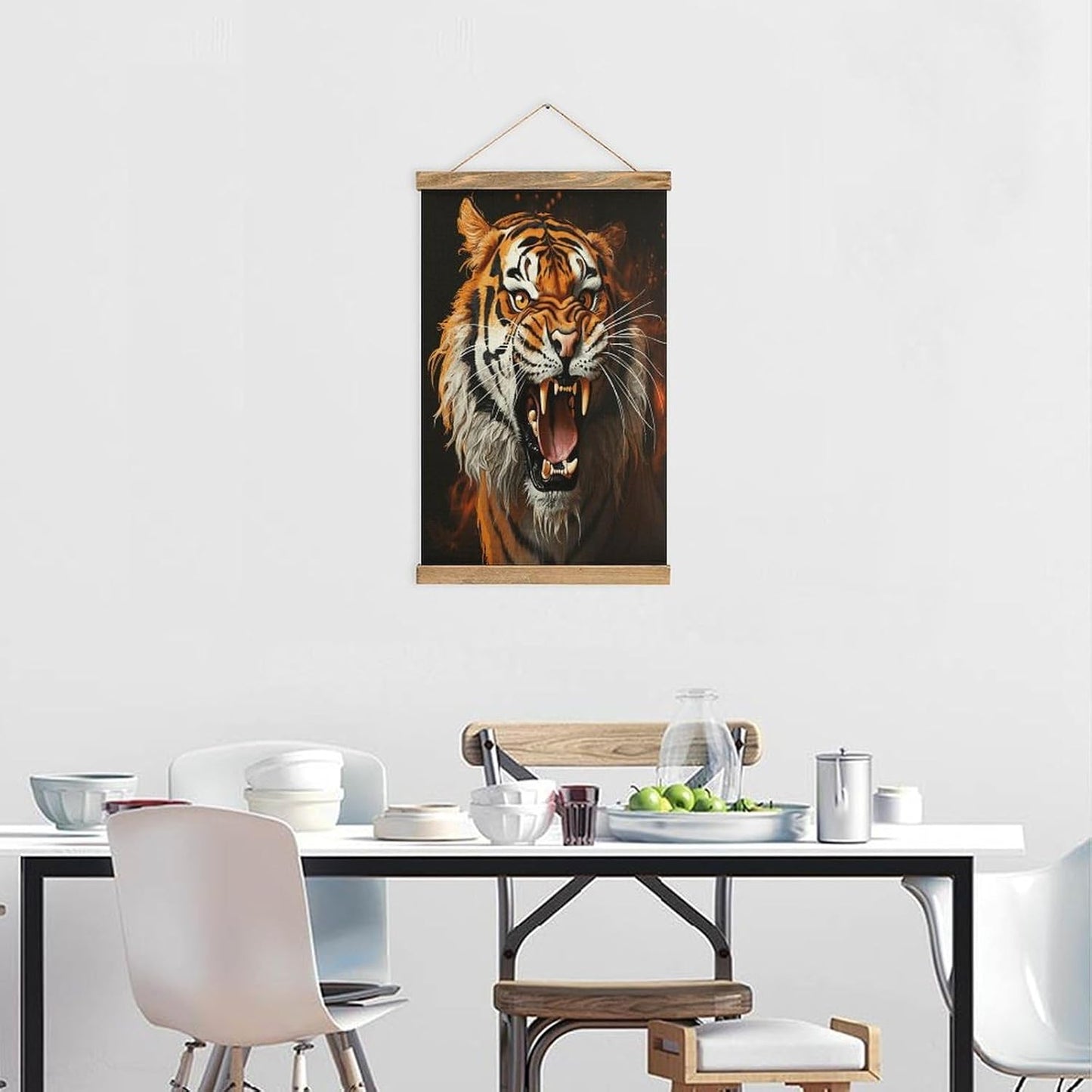 Vintage Roaring Tiger Poster with Wooden Frame Personalized Linen Hanging Scroll Painting Rustic Wall Hanging Illustrative Modern Artwork Decor for Home Living Room Bedroom Office
