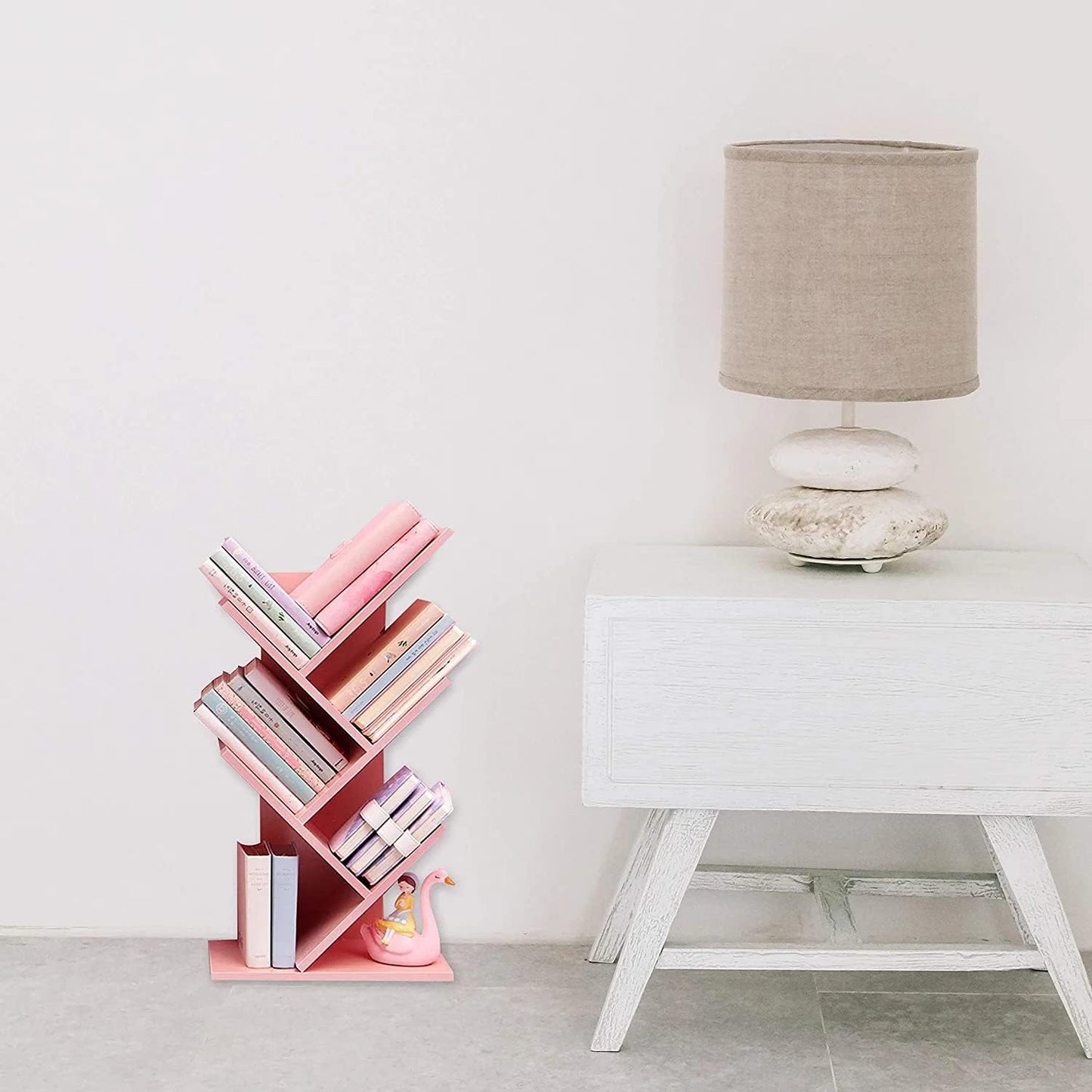 Tree Bookshelf,4-Layer Floor Standing Bookshelf,The Desktop Bookshelf Can Hold Books,Magazines,CDs and Photo Albums,Office Storage Rack,Pink