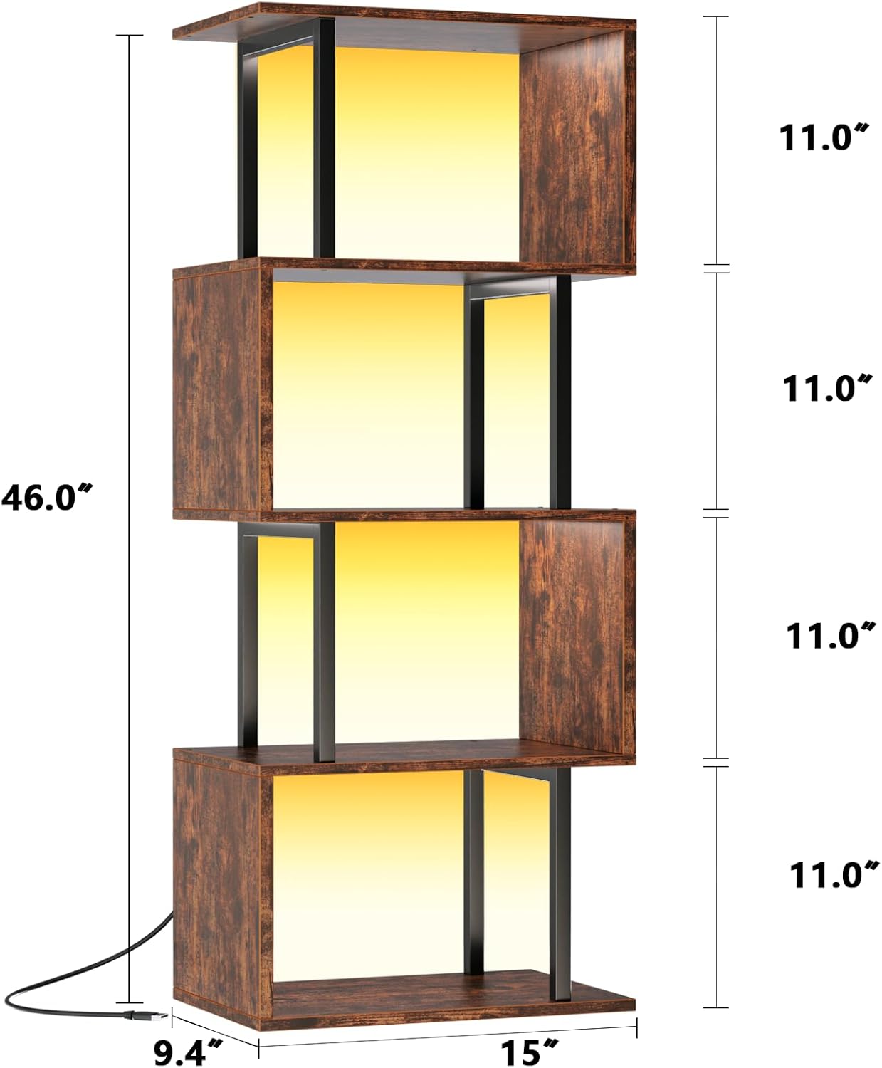 Furologee 5 Tier Geometric Bookshelf with LED Light, Small S-Shaped Bookcase, Industrial Display Standing Shelf, Metal Wooden Decorative Storage Shelves for Bedroom, Living Room, Office, Rustic Brown