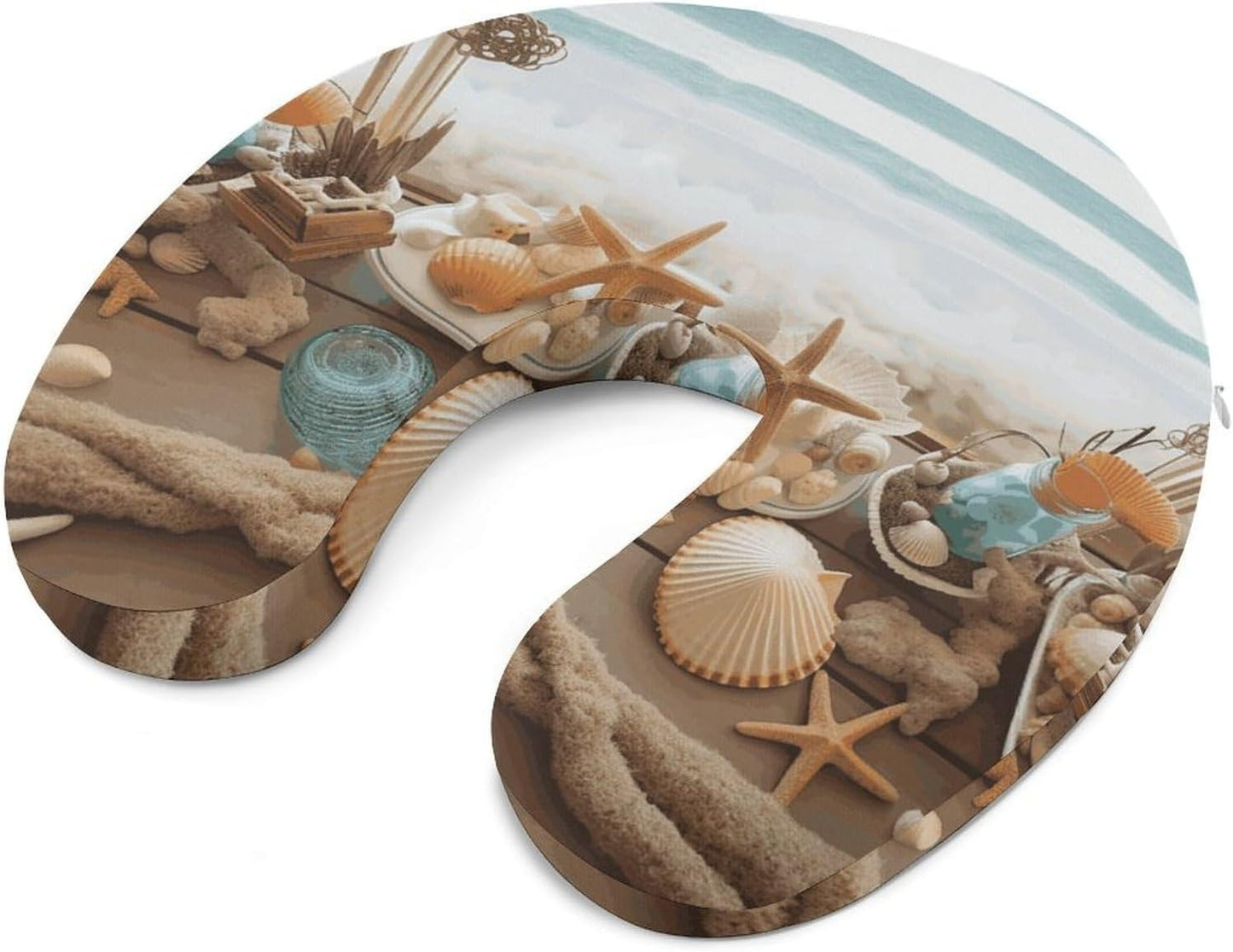 Ocean Beach Theme Neck Pillow Memory Foam U Shaped Pillows Portable Pillows for Shoulder Travel Head Support Pillow with Concealed Zipper for Airplane Car Home Office