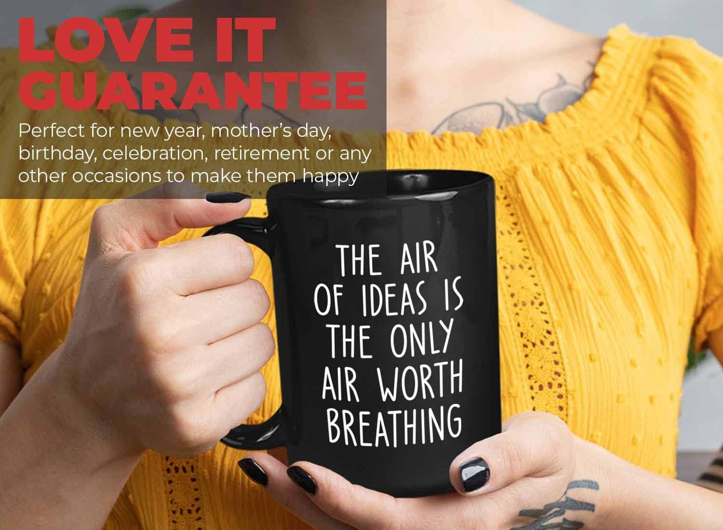 Bubble Hugs Writer Coffee Mug 15oz Black - The air of ideas is the only air worth breathing - Reading Book Lover for Bookworm Bibliophile Librarians Author Readers Bookish