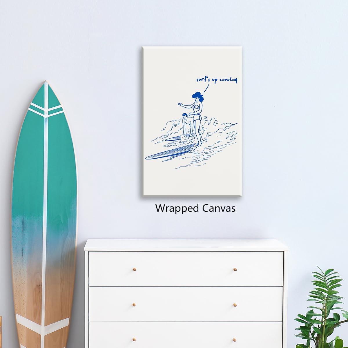 XMJJQQ Surf's Up Coming Poster, Blue Summer Beach Canvas Wall Art, Coastal Cowgirl Cowboy Surfing Print, Surfboard Beachy Room Aesthetic Poster, Cool Minimalist Picture for Bedroom 8x12in Unframed