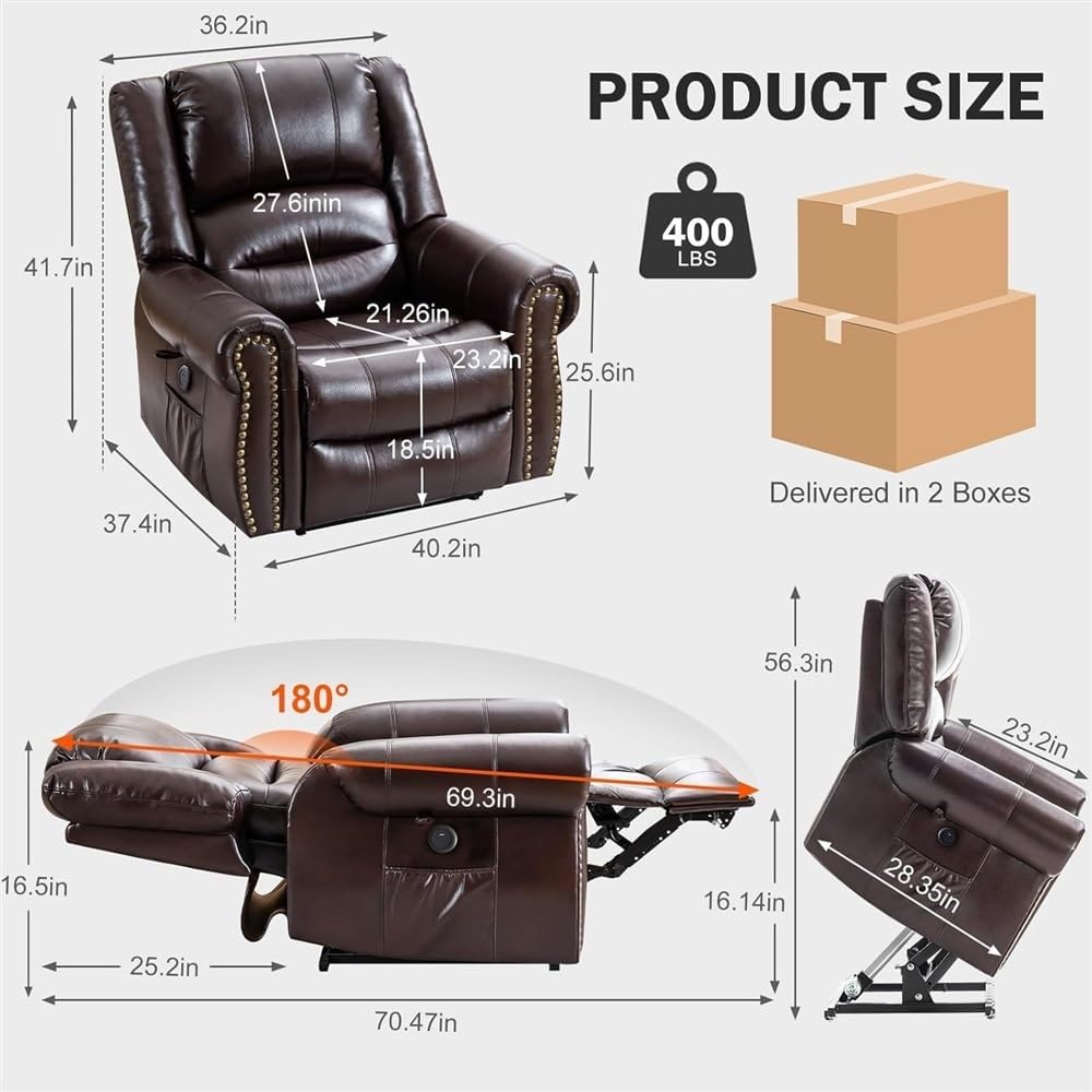 Leather Dual Motor Large Power Lift Recliner Chair for Adults with Heat & Massage, Lay Flat & Infinite Position Electric Recliner with USB Ports, Remote Control for Living Room