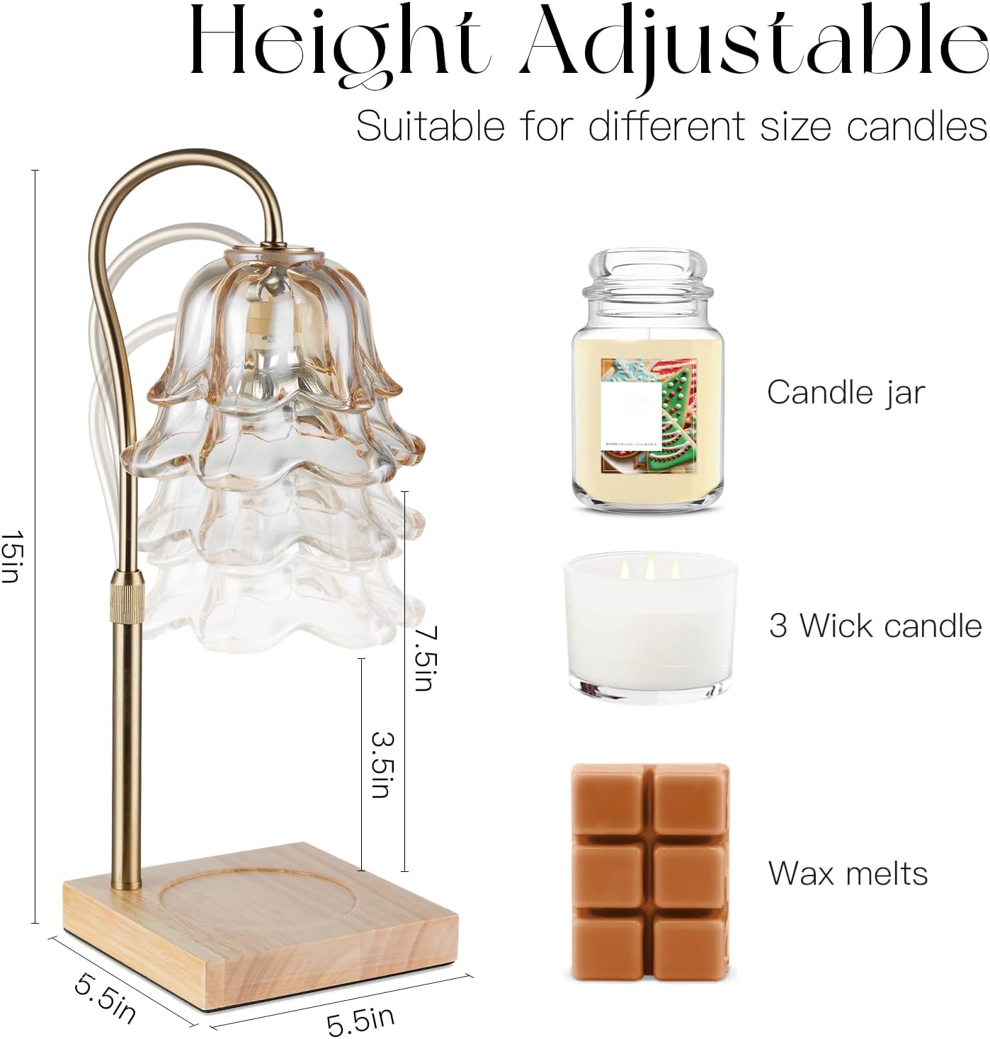 Candle Warmer Lamp with Timer: Flower Gold Candle Lamps Height Adjustable Wax Melt House Warming Gifts New Home Decor Mothers Day Birthday Gift for Women Mom