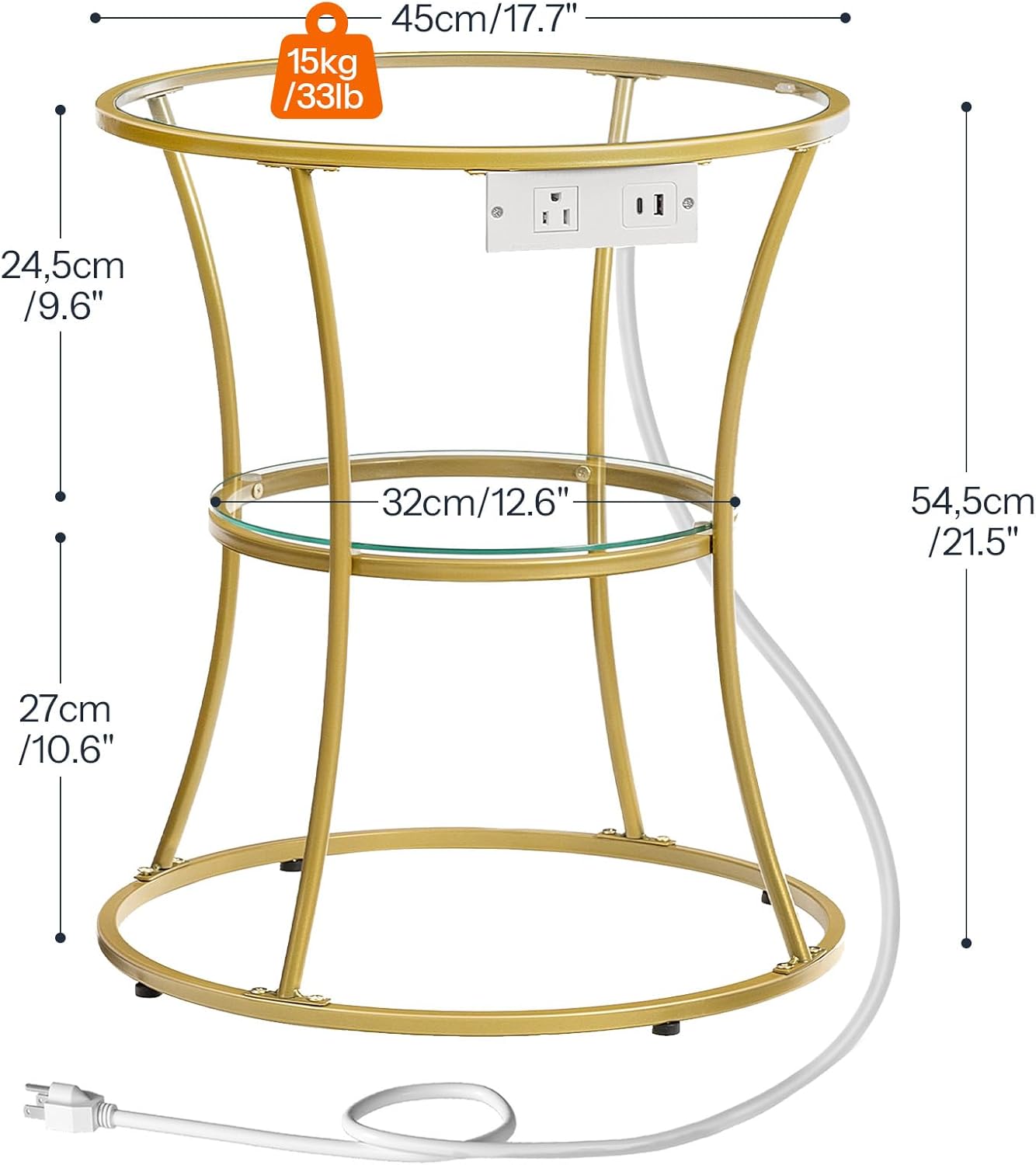 HOOBRO Round Coffee End Table with Charging Station, 2-Tier Small Accent Side Table with Glass Tabletop, Round Nightstand for Small Space in Living Room, Bedroom, Gold GD83UBZ01