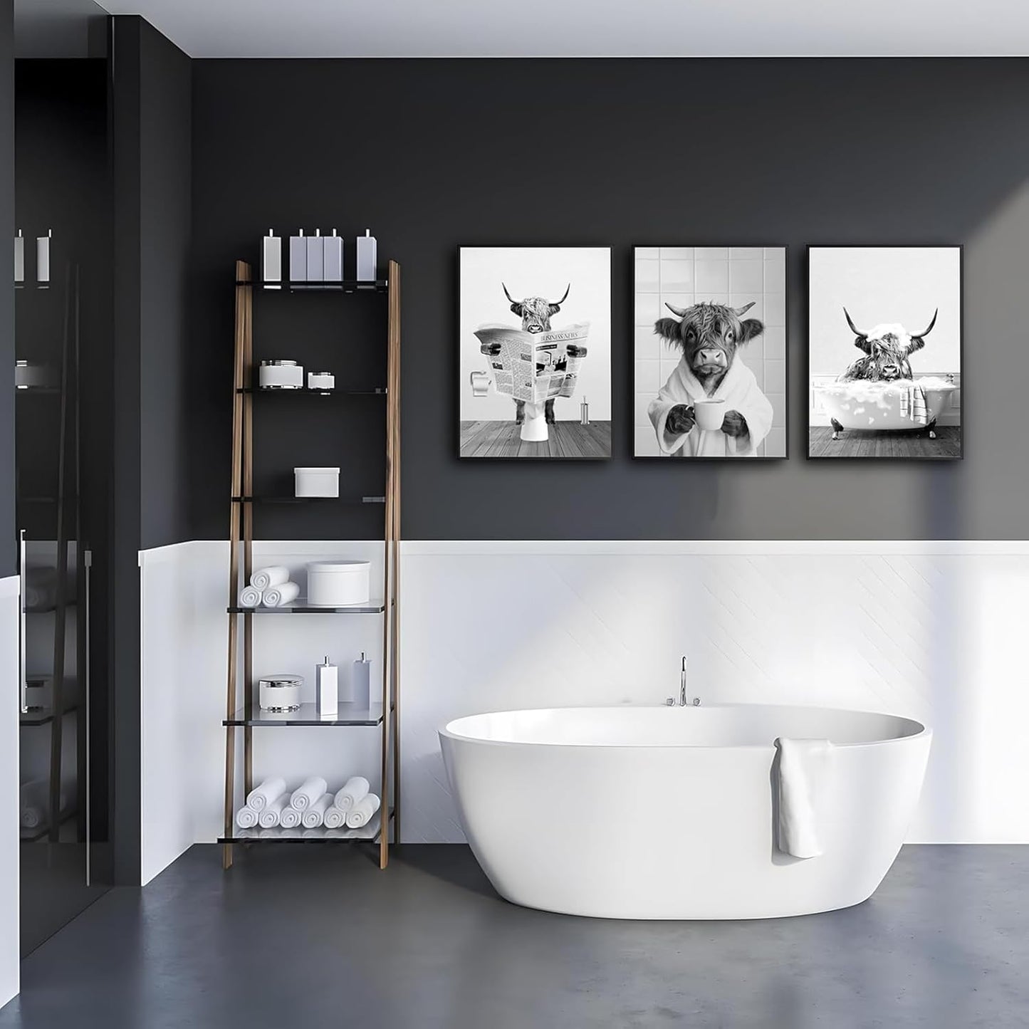 3pcs Funny Highland Cow Bathroom Wall Art Black and White Animal Poster Prints Newspaper Reading Bathtub Highland Cow Pictuer Painting Rustic Farmhouse Bathroom Wall Decor（16×24in Unframed）