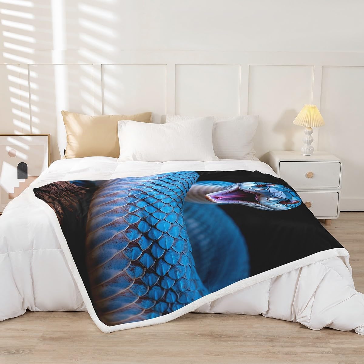 3D Snake Bedding Sets, Reptile Sherpa Fleece Blanket Throw Blanket, Wild Blue Snake Print Soft Blanket Warm Cozy Plush Blanket, Nature Animal Throw Blanket for All Seasons Bed Sofa Throw 50"x60"