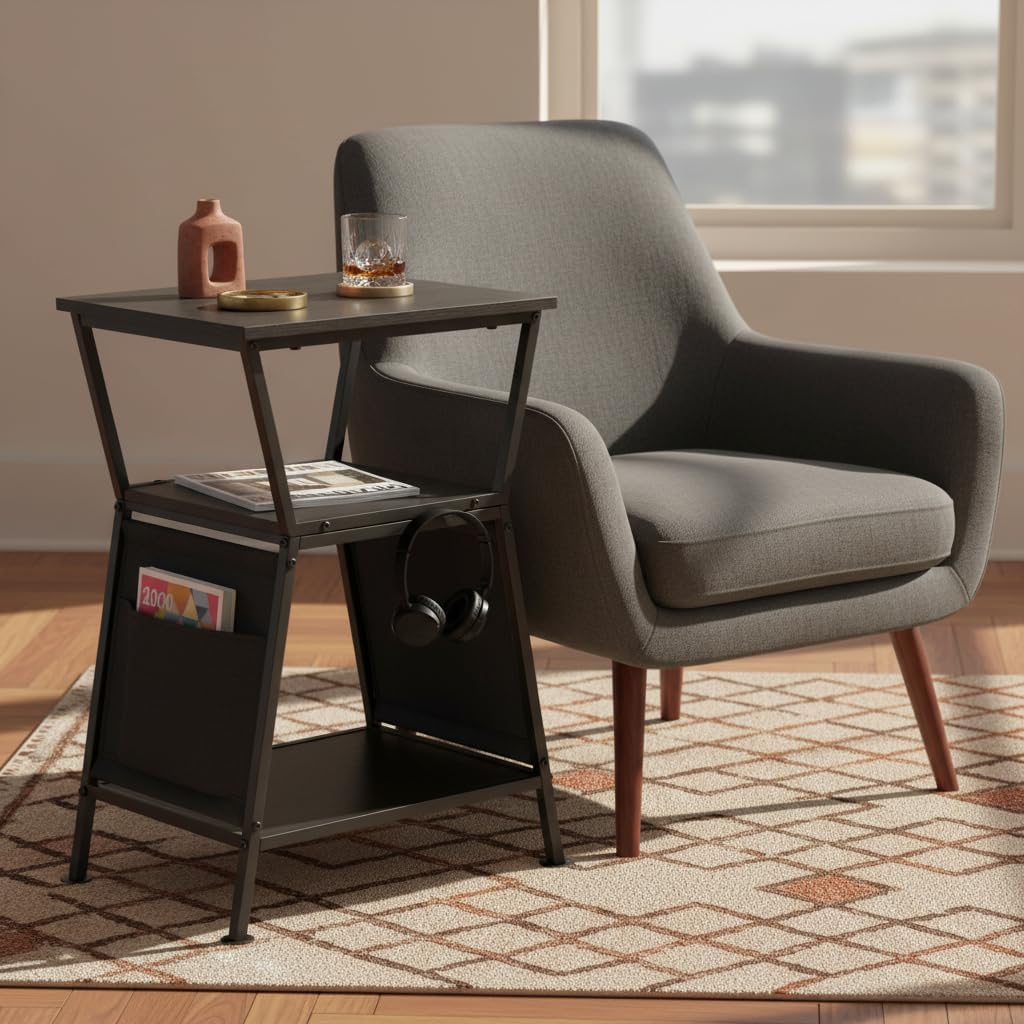 End Table with Storage Bag, Three-Tier Trapezoidal Side Table with Storage Bag, Corner Table Sofa End Table for Living Room Bedroom