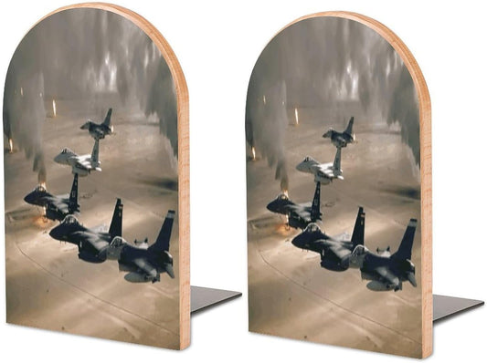 Jet Fighter Wooden Bookend Non-Slip Book Ends Heavy Duty Book Stopper with Metal Base Books Holderd Decorative Bookends Stands Firmly for Office Supplies