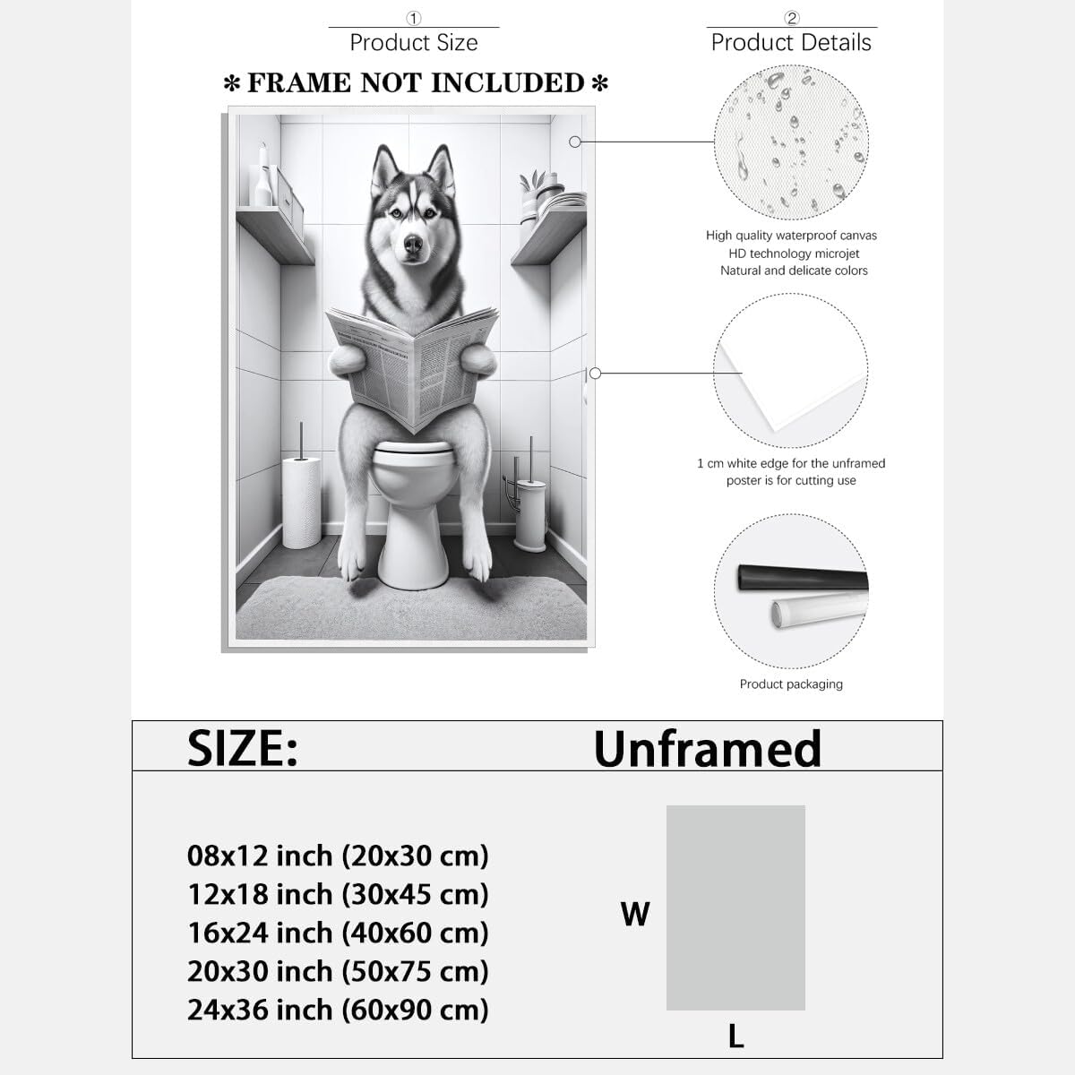 Siberian Husky on the Toilet Reading Newspaper Canvas Print Funny Animal Artwork Prints Aesthetic Posters Home Decor Bathroom Art Wall Decor Unframed12x18inch