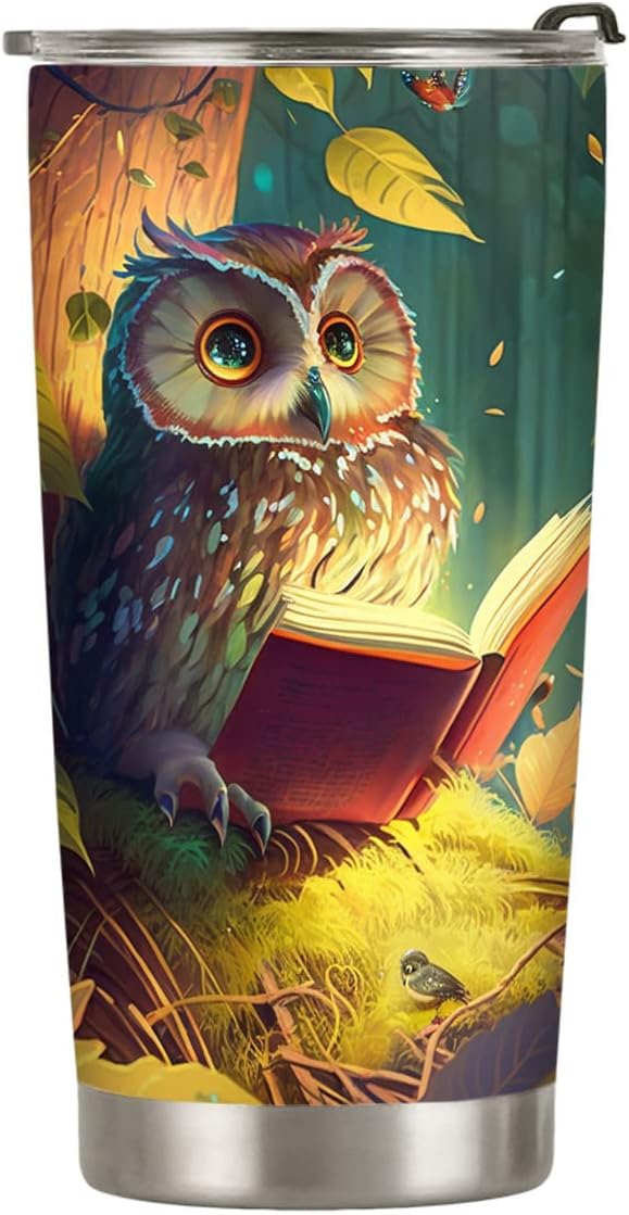 20oz Cute Books Owl Tumbler, Gifts for Owl Lovers, Librarian, Reading Gifts, Café Tumbler for Women, Stainless Steel Double Wall Vacuum Insulated Coffee Mug, Travel Cup with Lid