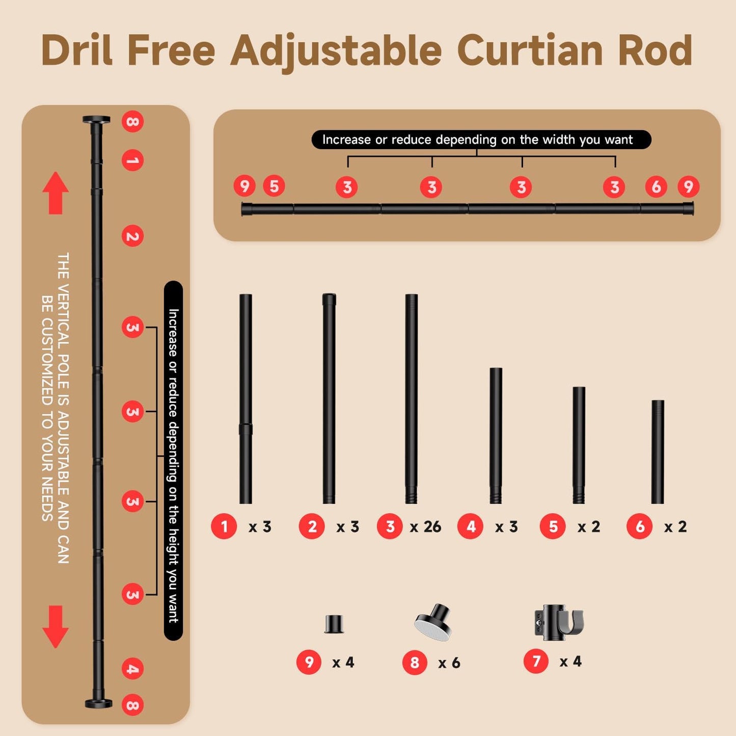 Room Divider for Room Separation (57-145in W), Curtain Rods No Drilling for Bedroom, Freestanding Room Divider Panel Tension Rod, Wall Divider Privacy Screen Partition for Space Separator, Drill Free