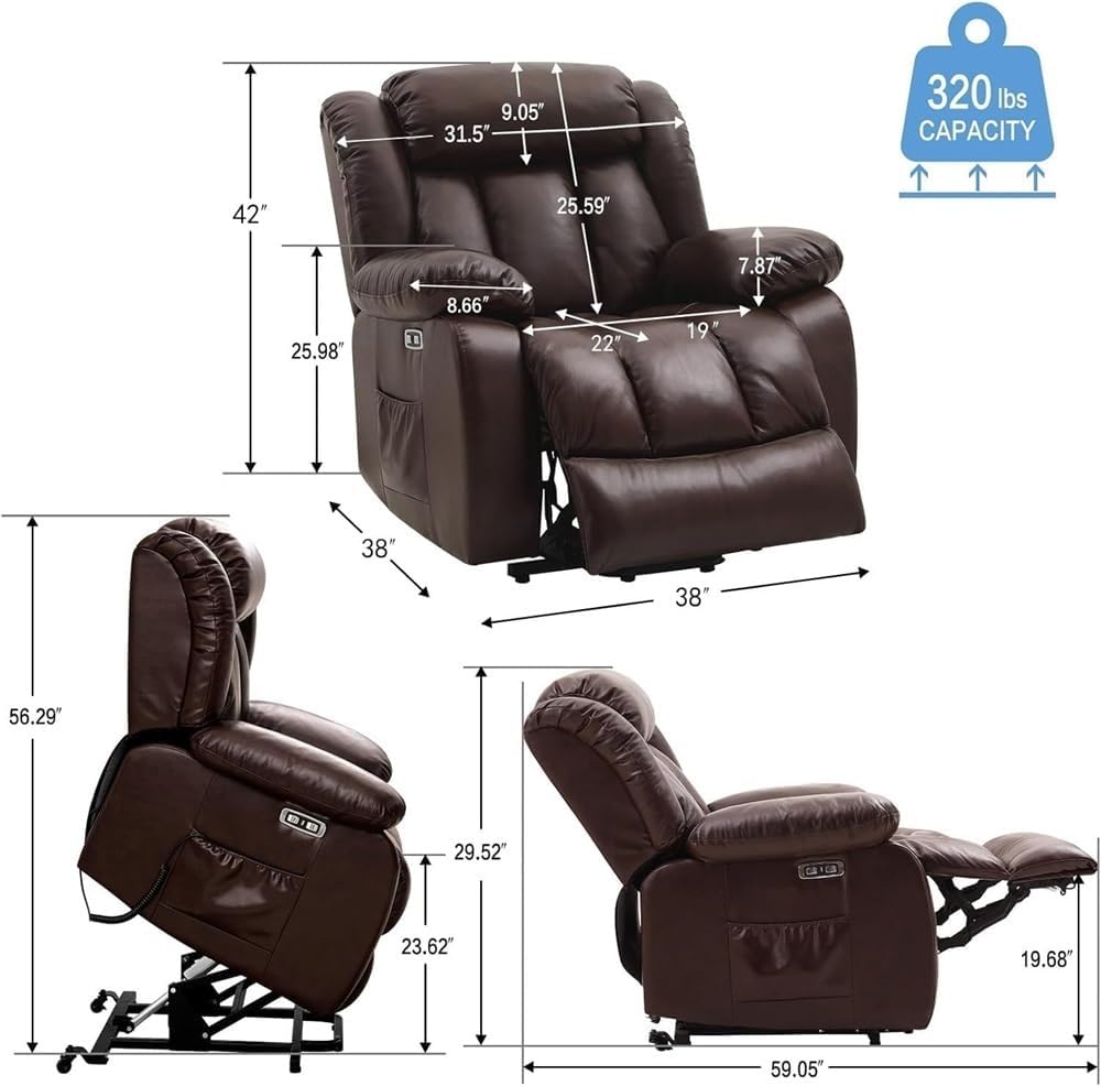 Large Power Lift Recliner Chair for Seniors with Dual Motor Infinite Position Adjustable Leather Heated Massage Lay Flat Electric Lounge Seating Brown Living Room Furniture