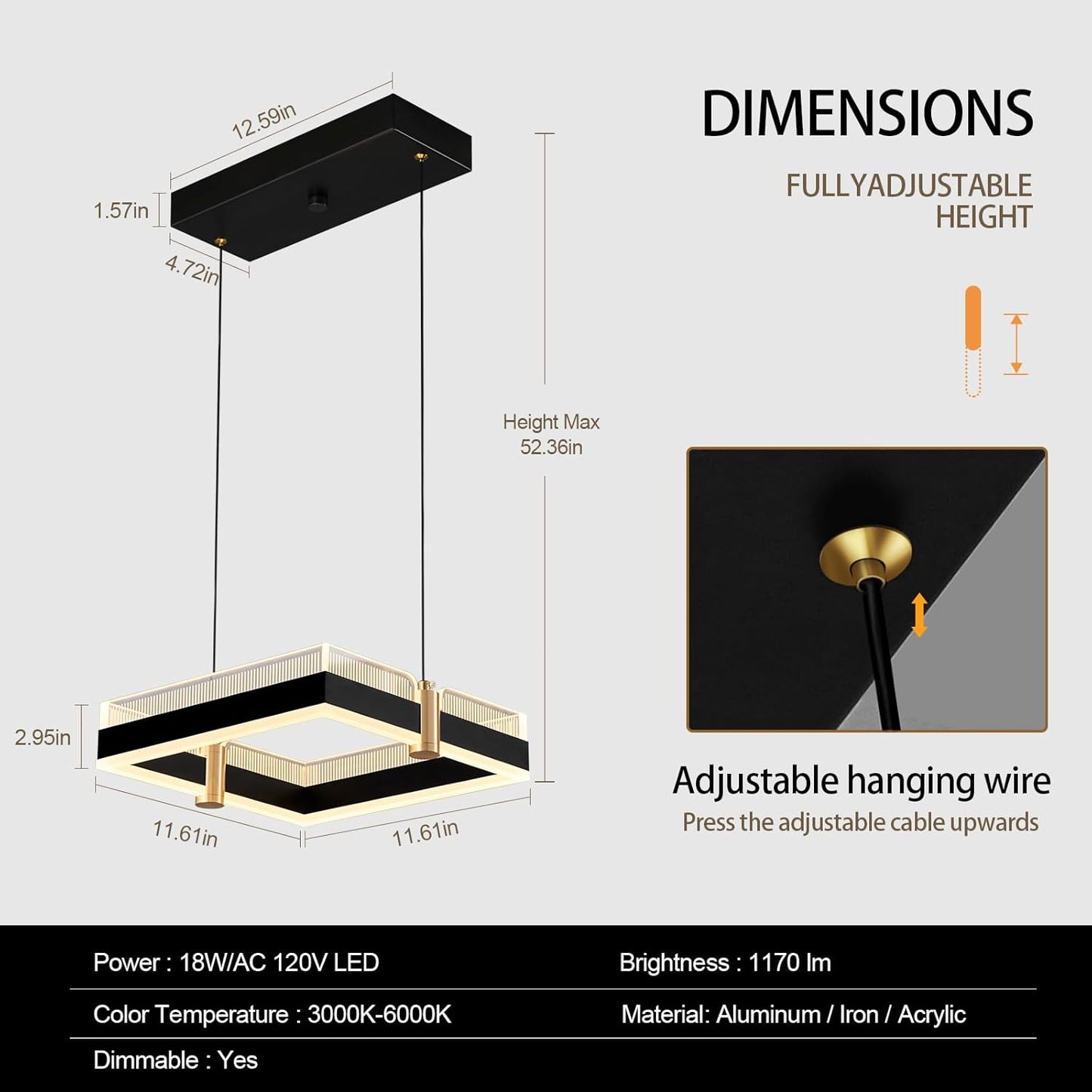 Modern LED Chandelier with Remote Control 1 Ring Dimmable 3 Color Black Gold Adjustable Pendant Light Square Chandelier Dining Light Fixture for Kitchen Bedroom Ceiling Hanging（1-Pack）