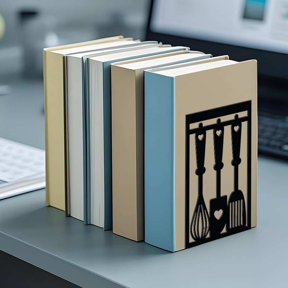 WADORN Kitchen Book Ends, Heavy Duty Decorative Book Ends for Shelves Metal Bookends Stopper Holder Stand Black Non-Skid Book End for Cookbook Cooking Lover Gifts for Desk Bookshelf Office Home