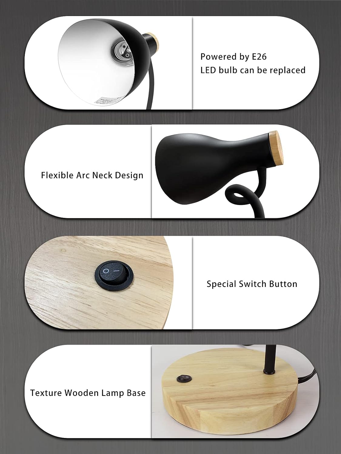 Metal Desk Lamp Table Lamp Reading Lights Arc Desk Lamps for Bedroom, Wood Base Bedside Lamp with Flexible Gooseneck for Study Room and Office (Wood Base+Black)