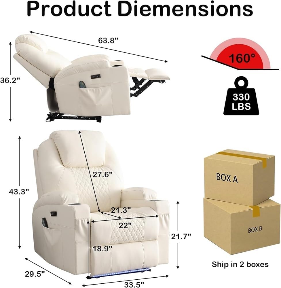Beige Electric Power Recliner Chair with Heat and Massage Single Seat Theater Seating Upholstered Lounge Sofa Cup Holders USB Port for Adults Living Room Reclining Furniture