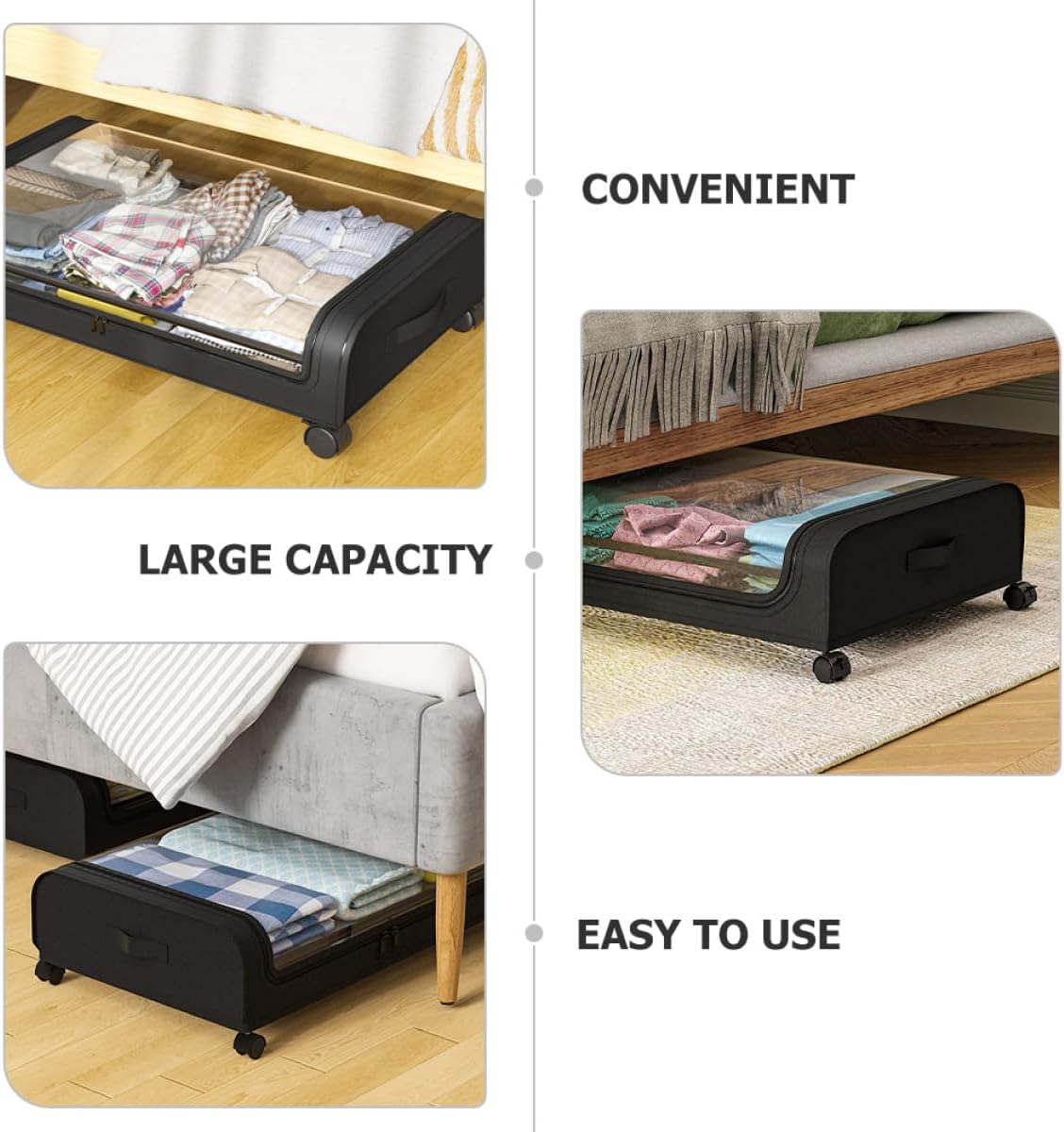 PRETYZOOM Bed Organizer Storage Box with Wheels, Lid, Black Plastic Sturdy Multi-functional Bedroom Storage Cart for Clothes and Books Dustproof