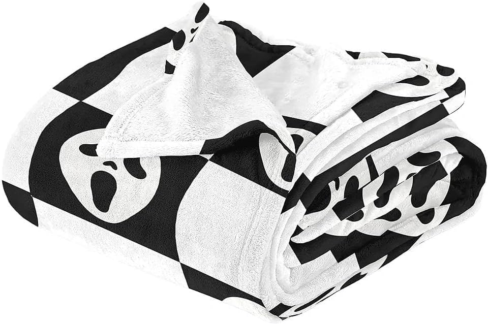 Spooky Face Throw Blanket, Black and White Checkered Pattern, Halloween Ghost Blankets Fuzzy Gifts for Sofa Couch Bedroom (60 * 80 inch)