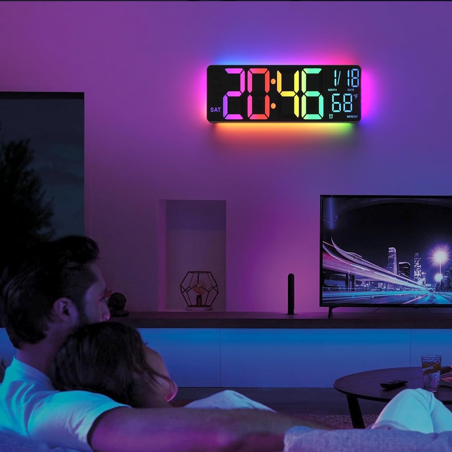 13" Digital Wall Clock with Night Light,8 RGB Color,Dual Alarms with Large Display, Dimmer, Auto DST, Voice Control, Auto Time Sync,Remote Control for Living Room Bedroom,Gift for All Ages
