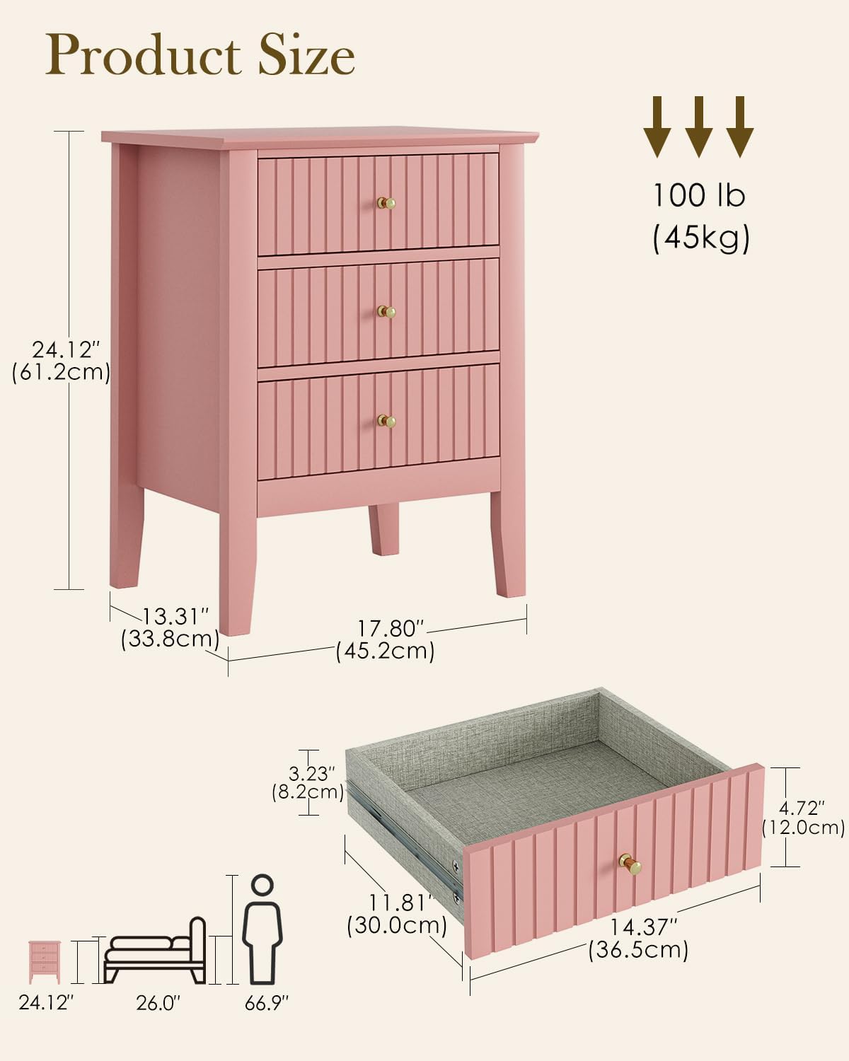 Fluted Nightstand, Farmhouse Night Stand with 3 Drawers, Mid Century Modern Side Accent Table,Bedside End Table for Bedroom, Living Room, Pink