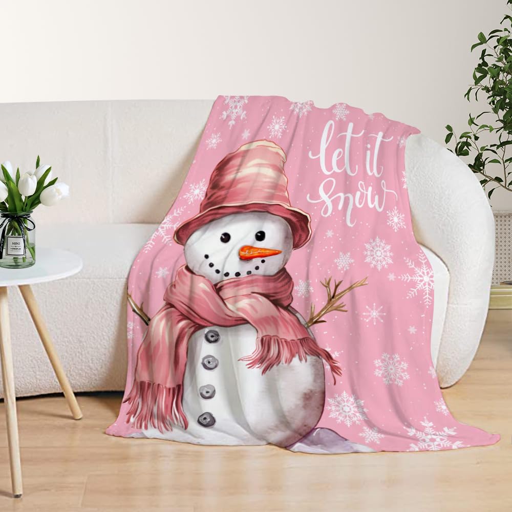 YeeJu Christmas Decorative Throw Blanket Pink Cute Snowman Throw Blanket for Couch Sofa Bed Soft Cozy Let It Snow Fuzzy Plush Fleece Blankets and Throws Xmas Blanket 50x60