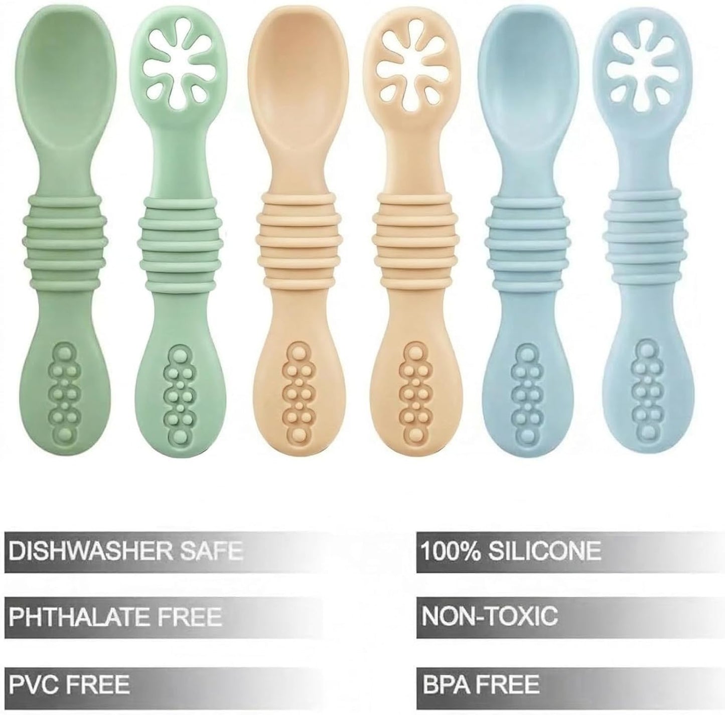 PandaEar 6 Pack Silicone Baby Spoons for Baby Led Weaning, First Stage Baby Toddler Self Feeding Utensils 6+ Months (Blue Green Beige)