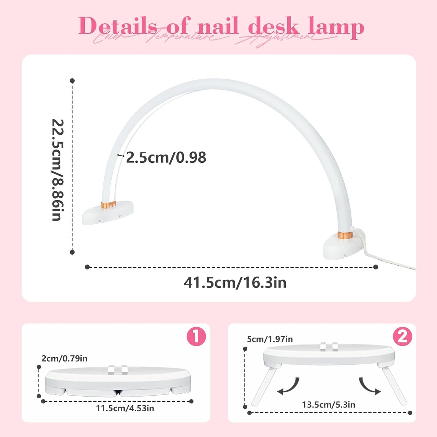 Half Moon Light for Nail Desk 16 inch Nail Desk Light Half Moon Lamp Portable Arch Lamp Dimmable with Foldable Bracket for Desk Salon Table Use, 3 Color Temperature
