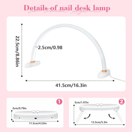 Half Moon Light for Nail Desk 16 inch Nail Desk Light Half Moon Lamp Portable Arch Lamp Dimmable with Foldable Bracket for Desk Salon Table Use, 3 Color Temperature