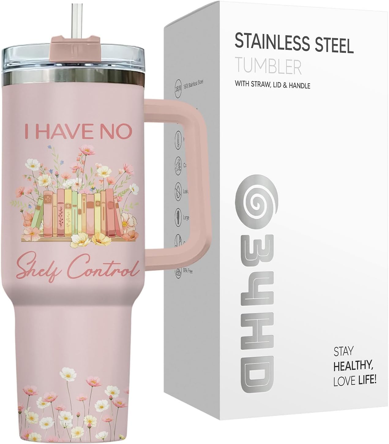 34HD Book Lover Gifts for Women 40 oz Tumbler with Handle - I Have No Shelf Control Funny Pun - Just One More Chapter Floral Travel Mug - Birthday Gift for Her