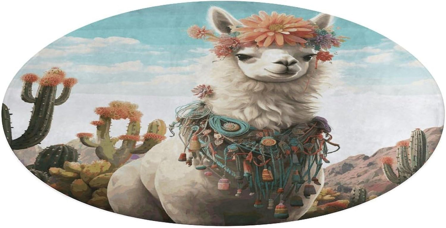 Mexican Llama Cactus Circle Rug Retro Luxury Coral Velvet Floor Mat Non Slip Soft Indoor Floor Carpet Comfy Thickened Area Rugs Modern Aesthetic Minimalist Carpets for Home Decor