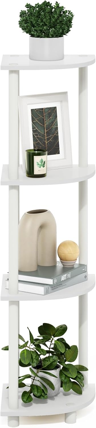 Furinno Turn-N-Tube Corner Shelf, 4-Tier Corner Bookshelf, Display Storage Shelves with Open Shelves, for Organization and Storage, Living Room, Home Office, Garage, White