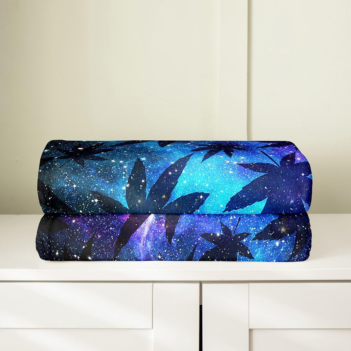Erosebridal Leaf Fleece Blanket Leaves Flannel Blanket Queen 90x90,Purple Galaxy Leaf Flannel Blanket for Boys Girls Men Botanical Leaves Starry Sky Fuzzy Blanket