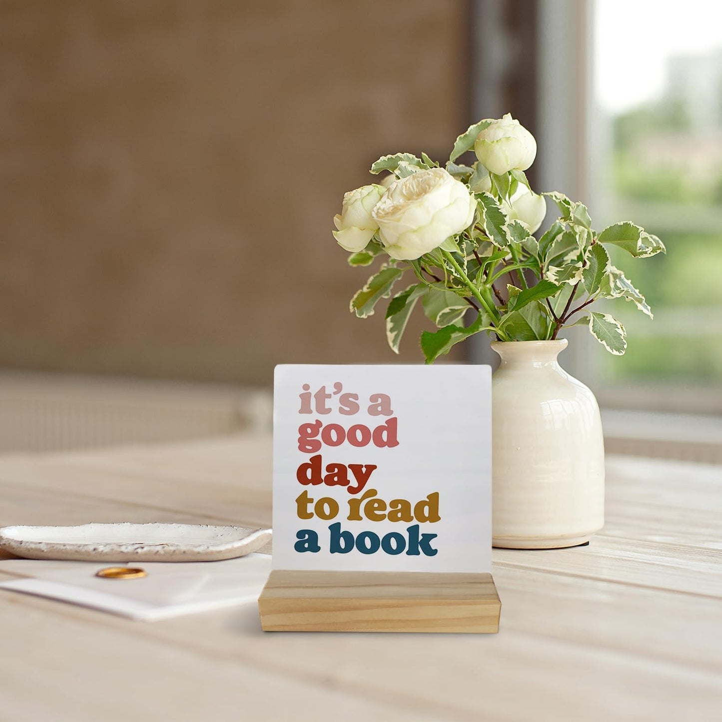 Book Lovers Desk Sign - Boho Rainbow Classroom Library Decor, It's a Good Day to Read a Book Wooden Sign 4x4, Reading Room Decor Desk Signs, Book Lover Gift for Kids