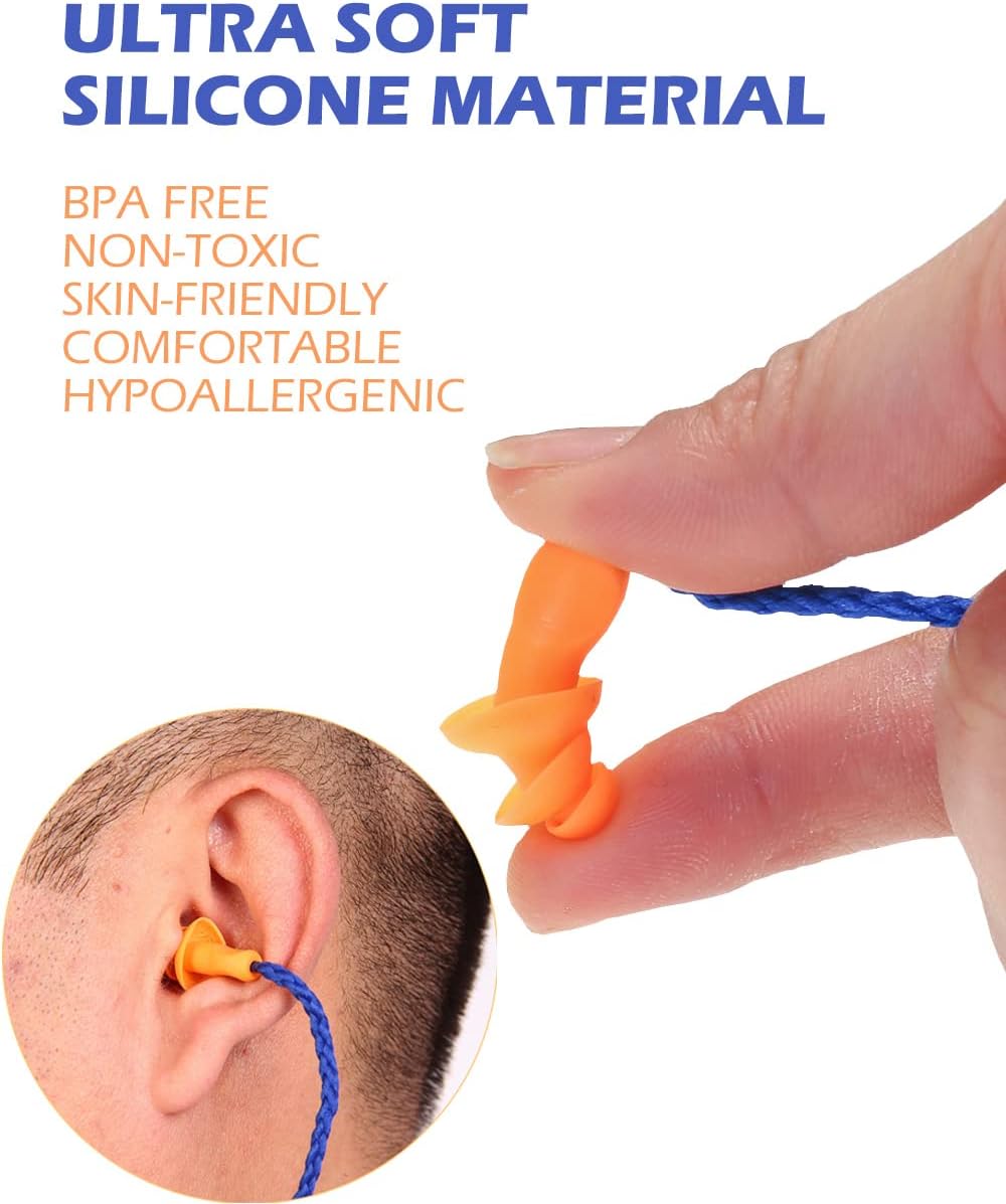 12 Pairs Corded Silicone Ear Plugs - Individually Wrapped - Reusable Noise Cancelling Earplugs for Hearing Protection - Shooting Range Noise Reduction, Construction Work, Hunting Ear Protection