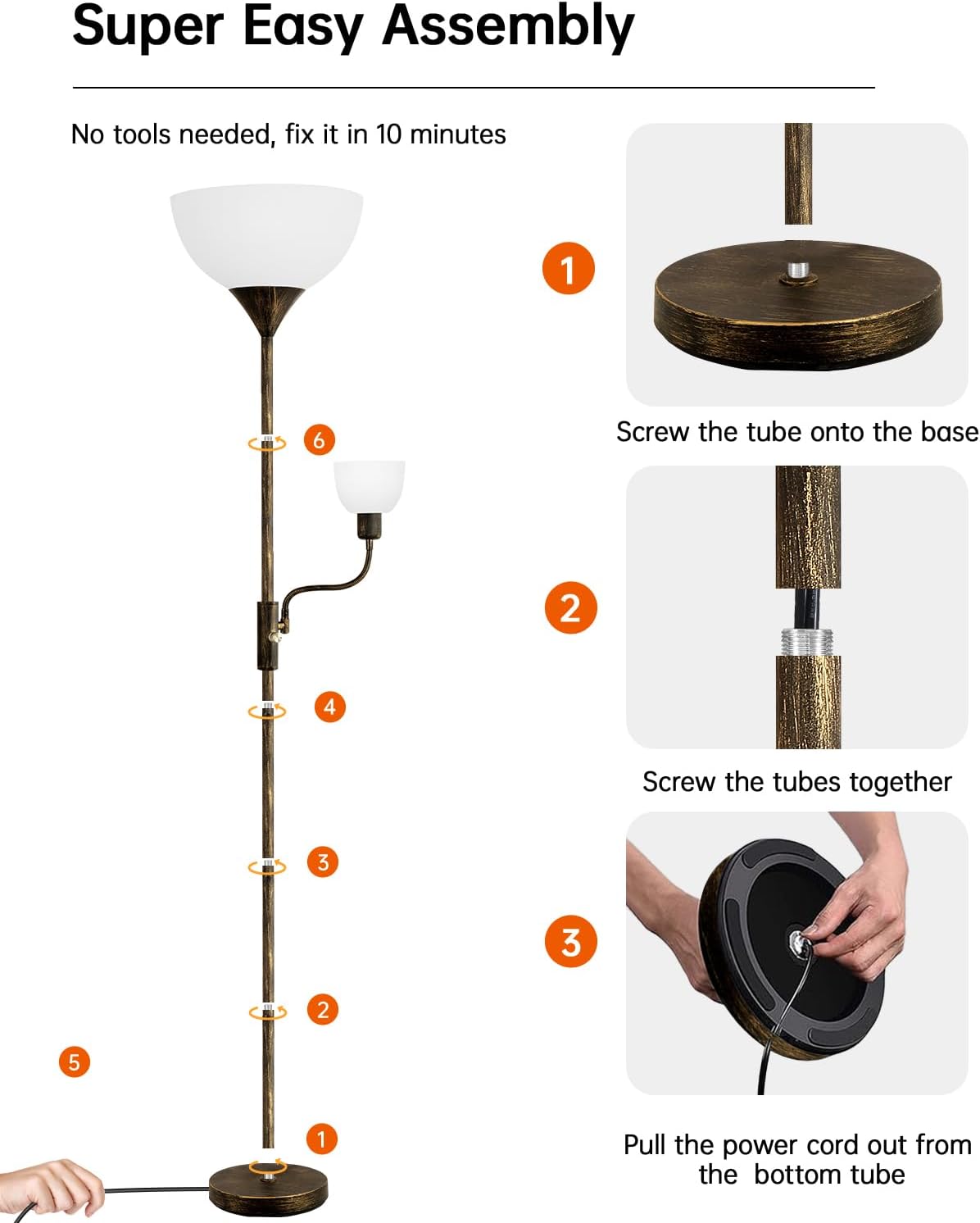 BoostArea Floor Lamps for Living Room, Standing Lamp, 71" Torchiere Floor Lamp with Reading Lamp, 3 Way Switch, Corner Floor Lamps for Living Room/Bedroom, Rustic Bronze Floor Lamp(E26 Base, No Bulb)
